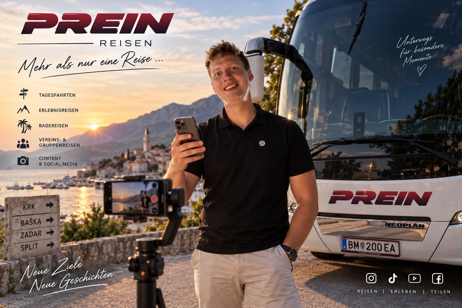 Andreas Cihan mit Kameraausrüstung vor einem Prein-Reisebus