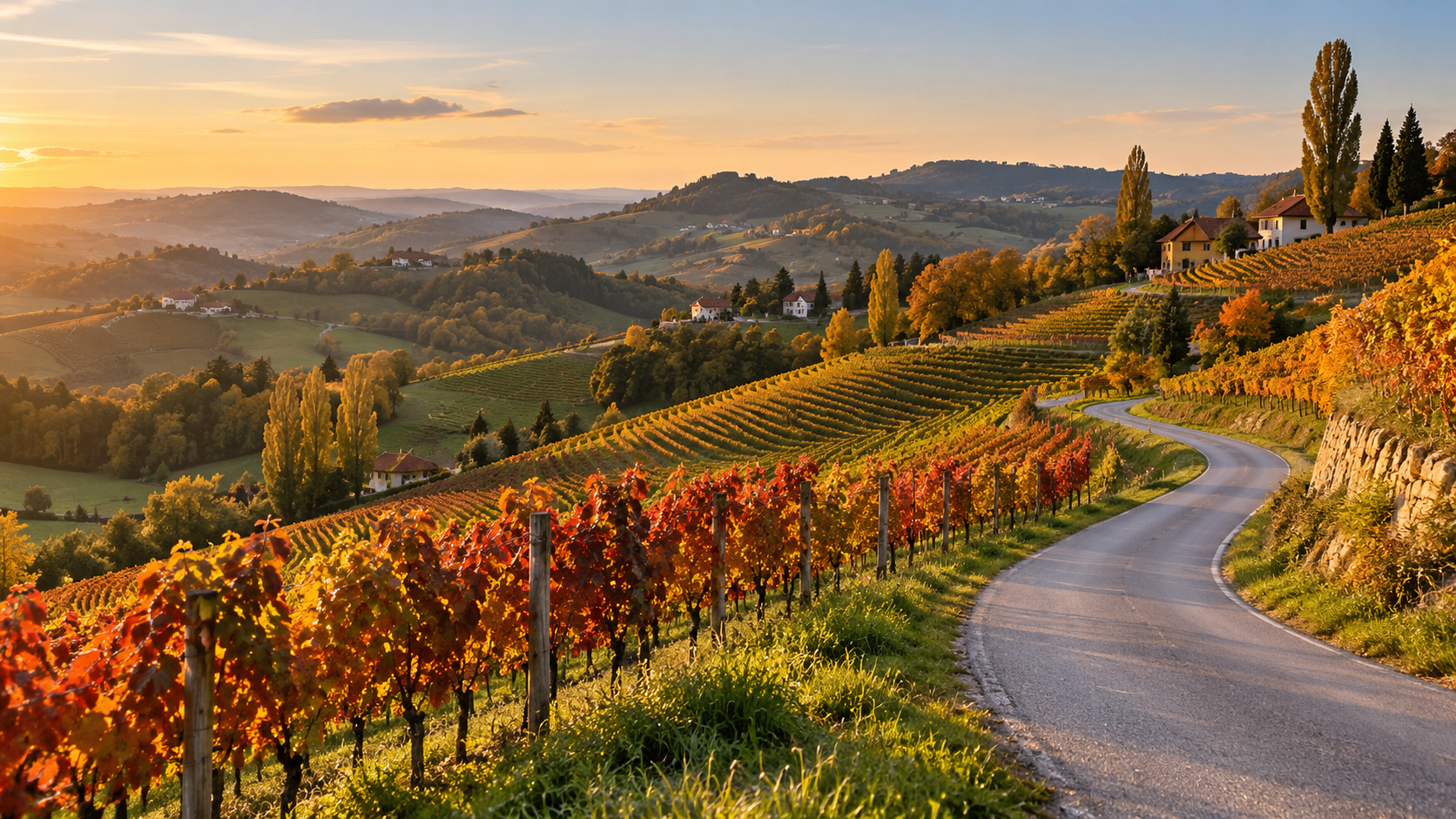 Herbstliche Weinberge und eine kurvige Straße in der Steiermark
